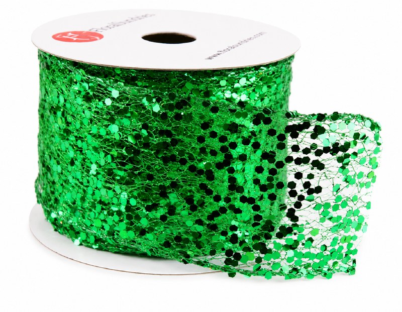 Picture of Glitter Sequin Ribbon Wired Edge Green 2.5" x 10 Yards